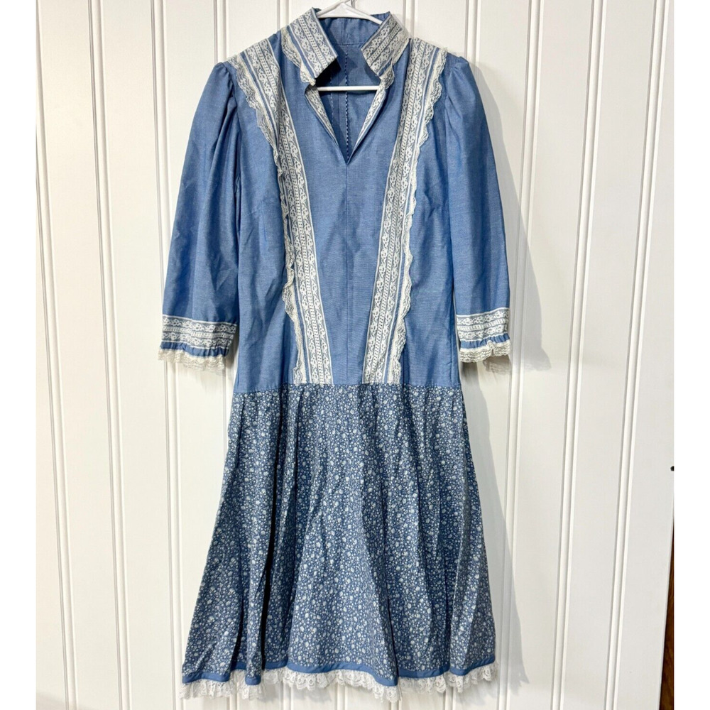 70s Vintage Dress Collared‎ Neck Blue & White Laced Peplum Mini Long Handmade